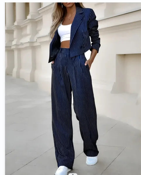 Women's Commuter Set 2024 Women's Clothing Style Tailored Collar Casual Stripe Short Collar Suit Coat Straight Leg Pants Set