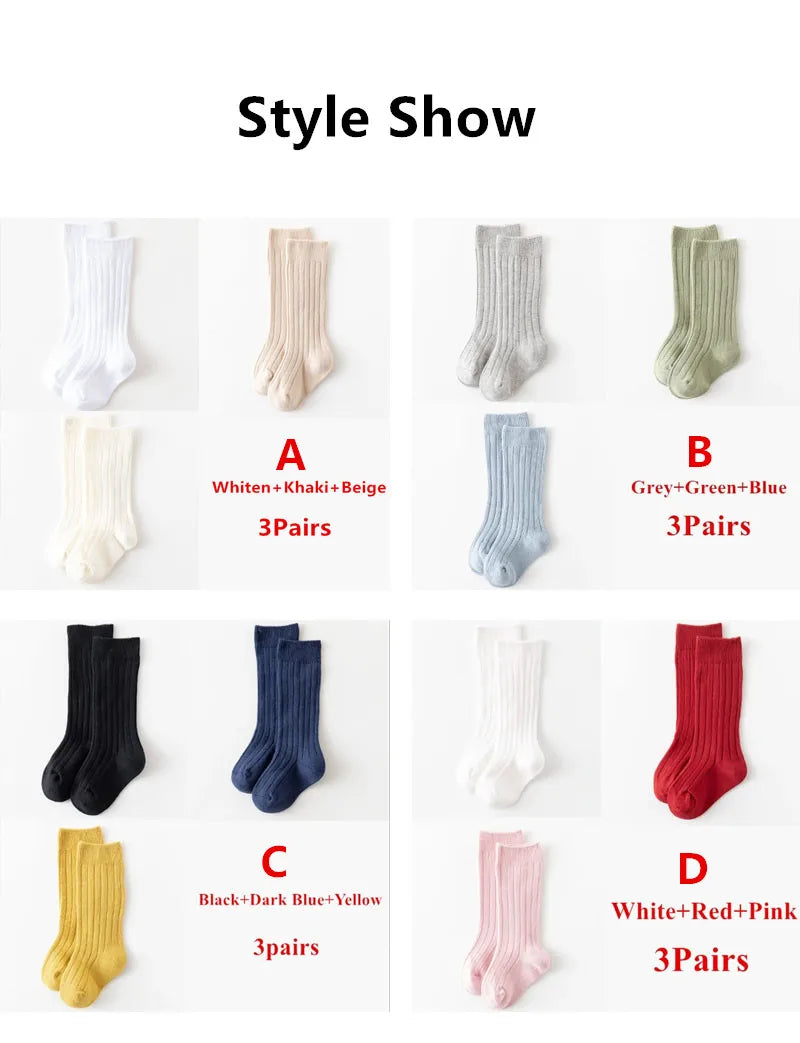 3Pairs/Lot Baby Knee High Socks Kids Girls Boys Soft Cotton Long Sock Cute Spanish Stripe Solid Children Socken For 0-8Years