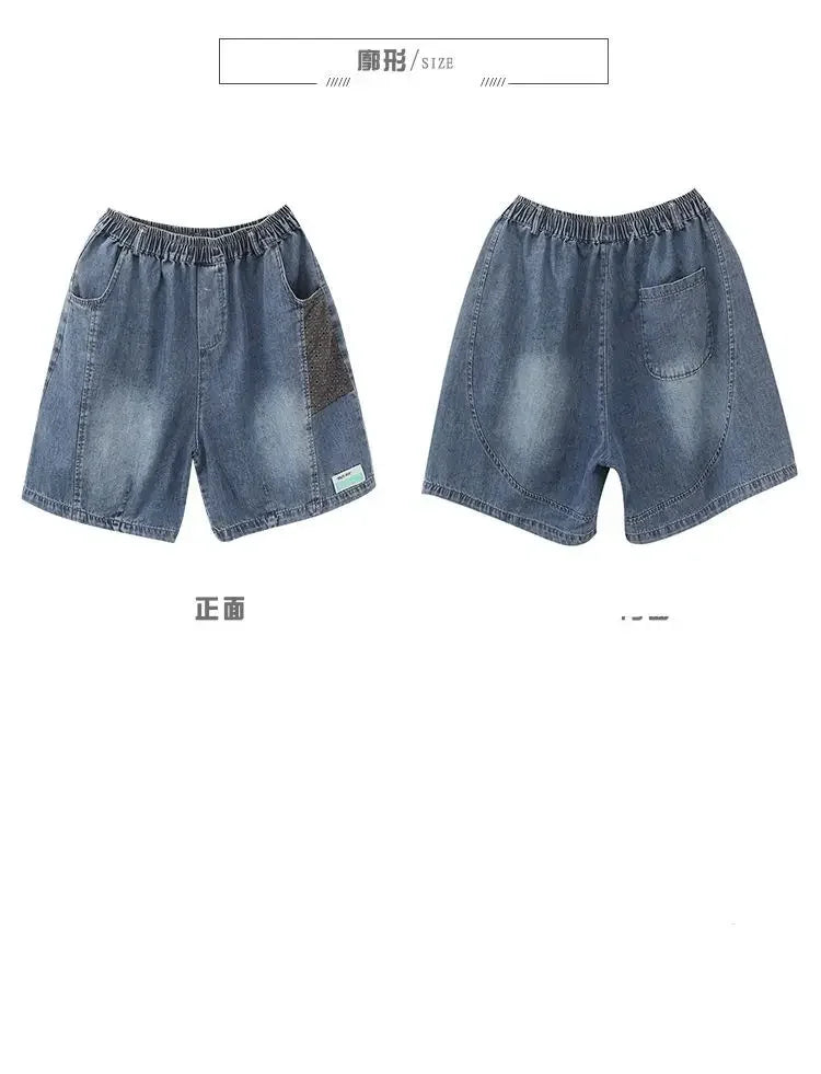 Vintage Jeans Shorts Women Summer Floral Embroidery Elastic High Waist Denim Shorts Design Wide Leg Trousers Blue Black Shorts