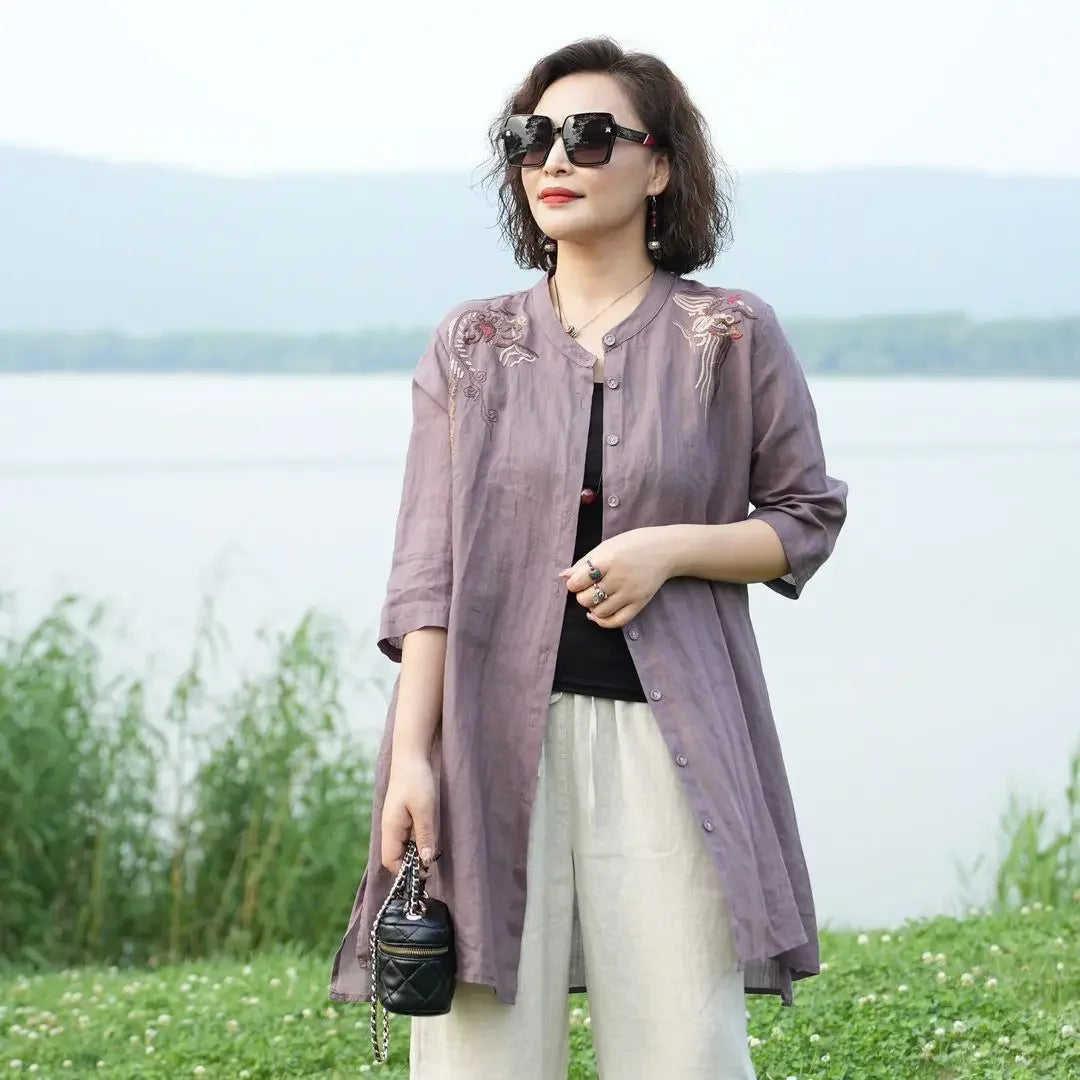 Spring and Summer Retro Embroidered Cotton Linen Shirt Stand Collar Mid-length Temperament Noble Mother Casual Jacket for Women