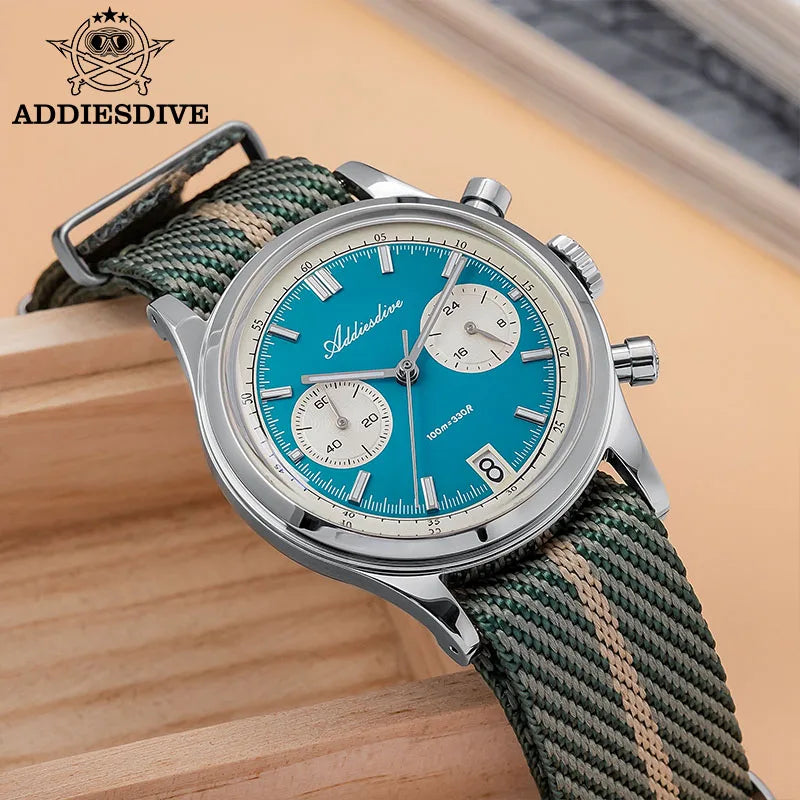 ADDIESDIVE AD2095 Watch of Men 60min Chronograph Quartz Wristwatch Bubble Mirror Glass Luminous Waterproof Men's Watches 38mm