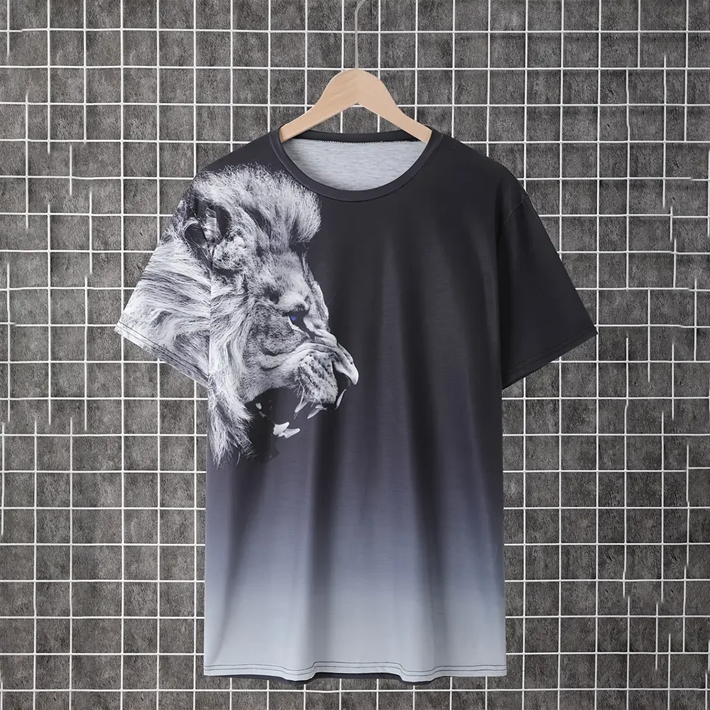 Lion Pattern Print Men's Vintage T-Shirt Gradient Graphic Tee Men's Summer Outdoor Casual Male Clothing Short Sleeve Top For Man