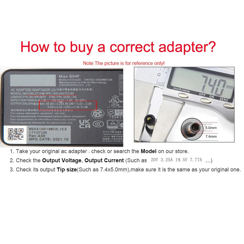 20V 3.25A 65W AC Power Adapter Laptop Charger For Lenovo X1 Carbon E431 E531 S431 T440s T440 X230s X240 X240s G410 G500 G505
