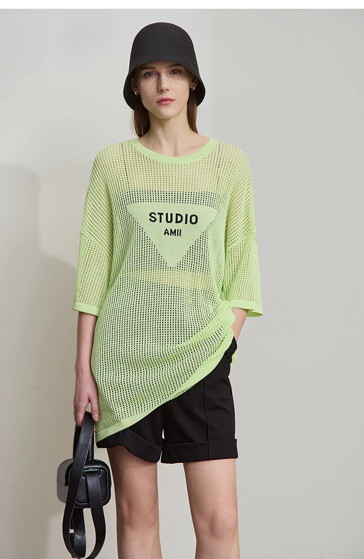 Amii Minimalist Women's Knitted Pullovers 2025 Summer Crew Neck Short-sleeved Casual Mid Long Loose Letter Jacquard Top 12542048