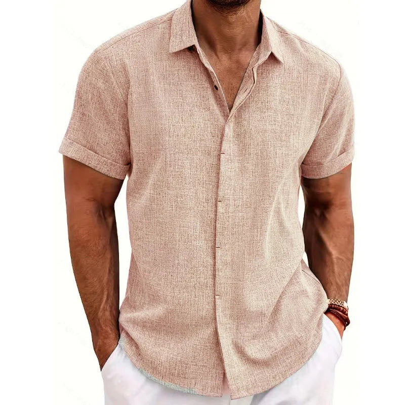Men Cotton Linen Hot Sale Men's Short-Sleeved Shirts Summer Solid Color Turn-down Collar Casual Beach Style Plus Size Tops