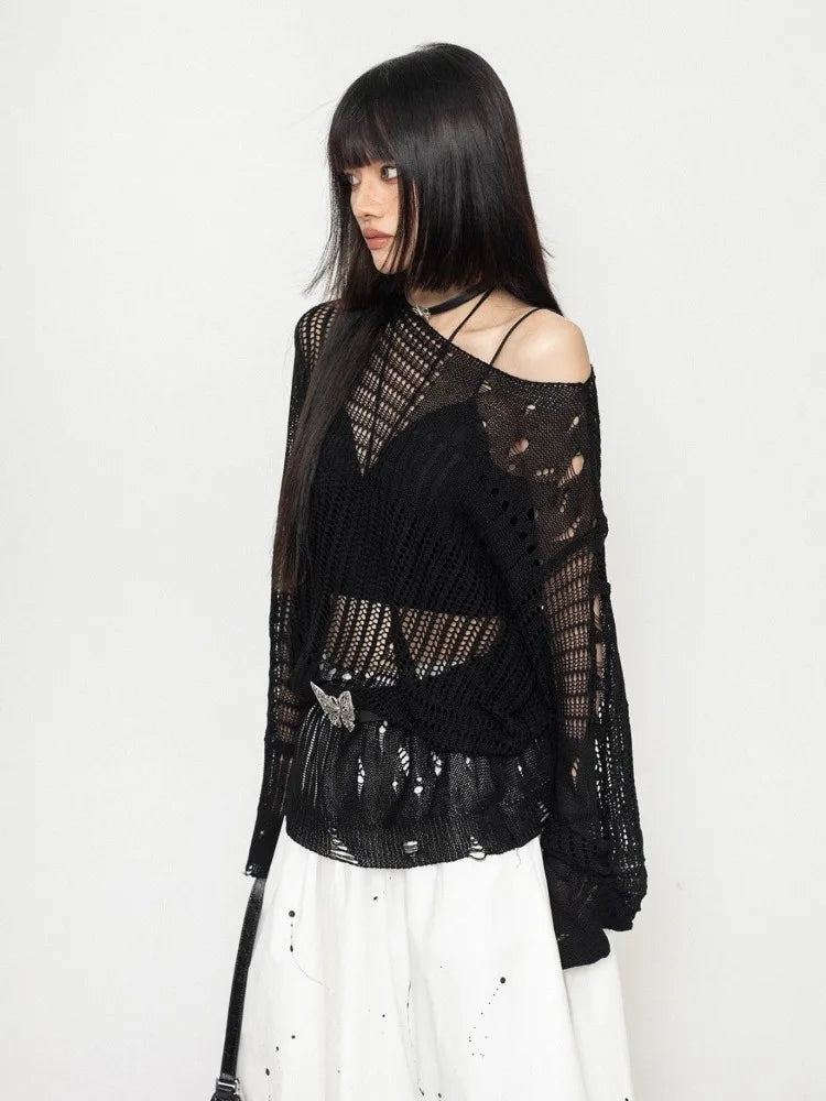 Y2K Hollow Out Knitted Pullovers Women Korean Harajuku Oversized Sweater Summer Sexy Slash Collar Long Sleeve Sunscreen Jumper