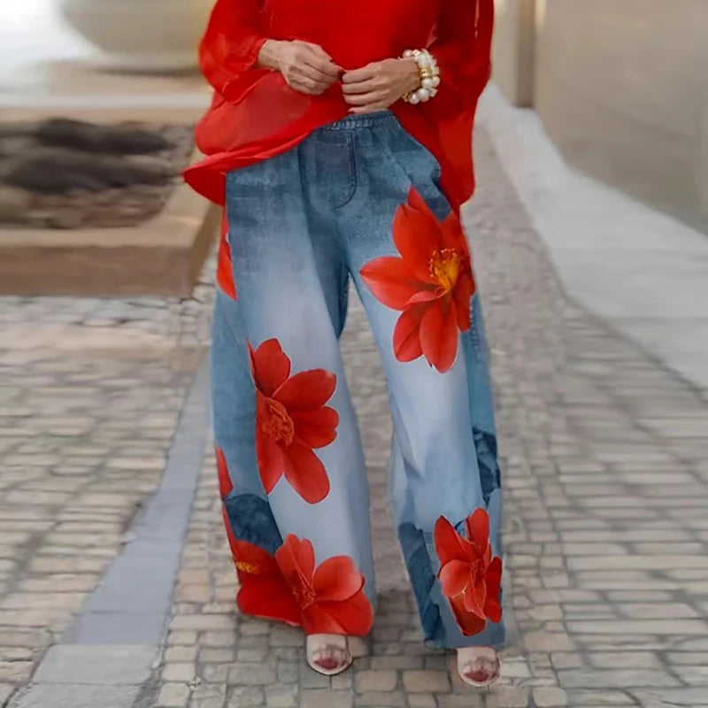 Krisstargirl Women Flower Printed Loose Trousers 2025 Spring Summer Trendy High Waist Not Denim Long Pants Bottoms for Woman