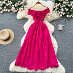 SINGREINY Chic Embroidery Hollow Out Dress Ruffles Splice Off Shoulder Elastic Ruched Slim 2025 Solid Gentle Vacation Long Dress