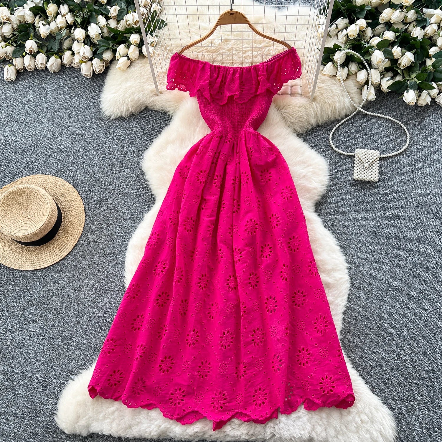SINGREINY Chic Embroidery Hollow Out Dress Ruffles Splice Off Shoulder Elastic Ruched Slim 2025 Solid Gentle Vacation Long Dress