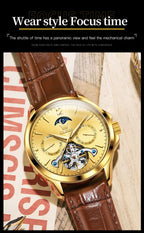 OLEVS 6663 Mens Watch Original Mechanical Watch Tourbillon Waterproof Luminous Leather Strap Moon Phase Day-Date Watch With Box