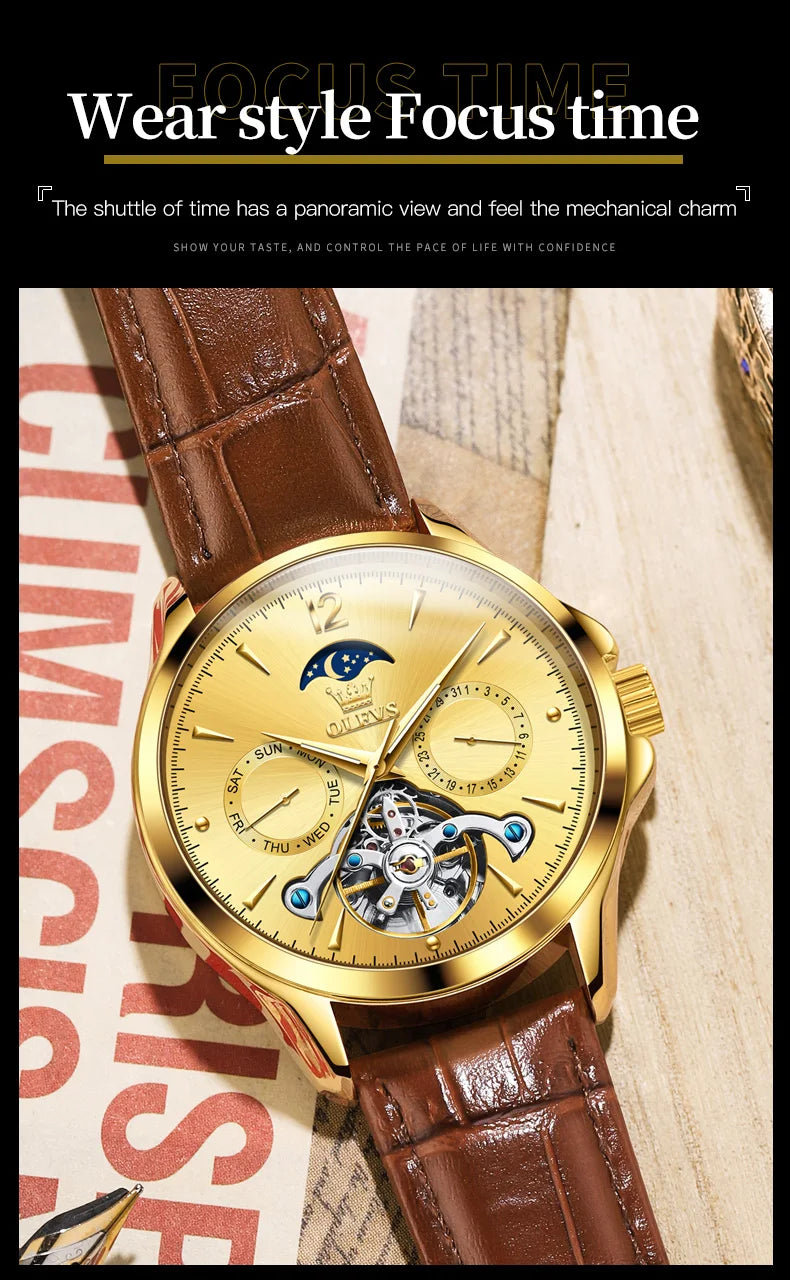 OLEVS 6663 Mens Watch Original Mechanical Watch Tourbillon Waterproof Luminous Leather Strap Moon Phase Day-Date Watch With Box