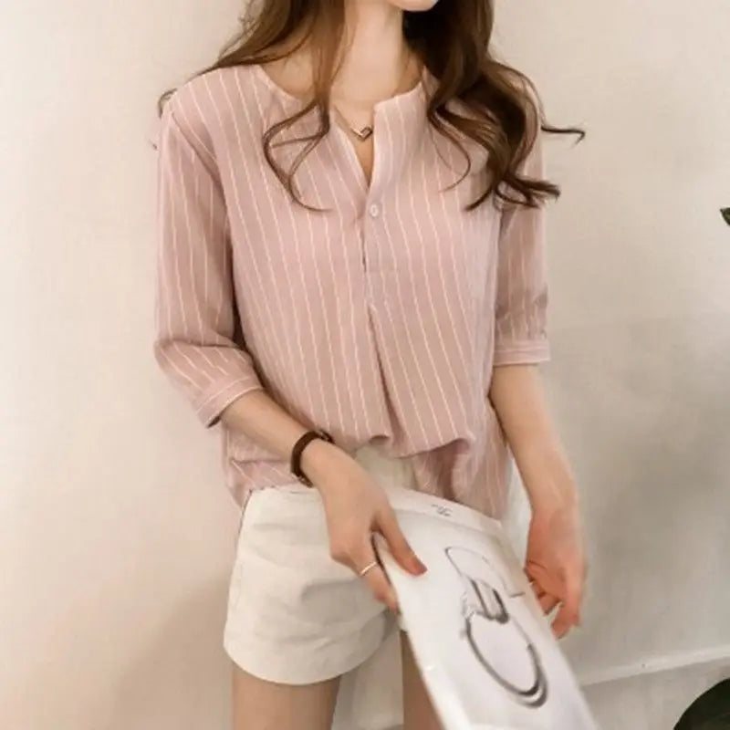 Office Lady Women's Clothing Fashion Casual Striped Loose Three Quarter Sleeve Summer Thin Simplicity Round Neck Button Blouses