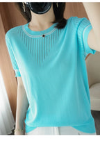 Women New Summer Short-sleeved Tees O-Neck Slim 100% Cotton Linen Hollow Pullover T-shirt Knitted Base Casual Sweater