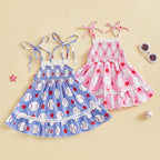 Girls Sleeveless Floral Print Ruffle Hem Summer Dress with Bow Detail and Button Closure - Casual A-line Beach Dress for