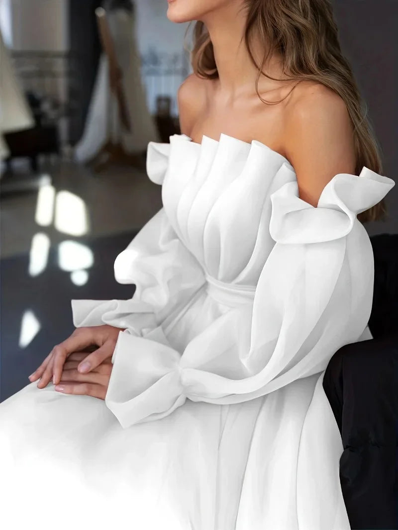 Sexy Fashion Long Sleeve Off Shoulder High Waist Corset Folds Evening Graduation Dress Robe Prom Elegant Women Long Party Dress