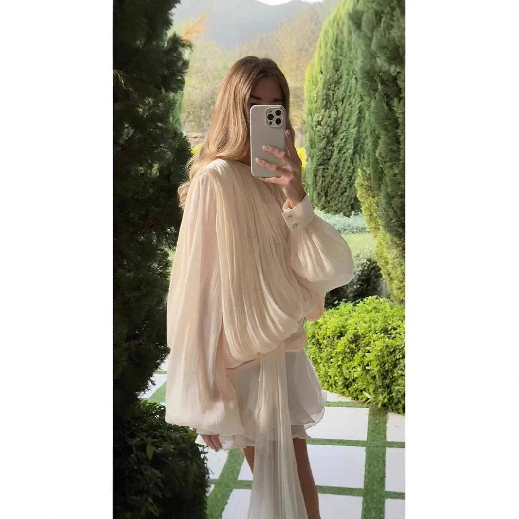 Pleated Mini Dress Women New Fashion Puff Sleeve Elegant V-neck High Waist Evening Party Dresses Lady Holiday Beach Vestidos