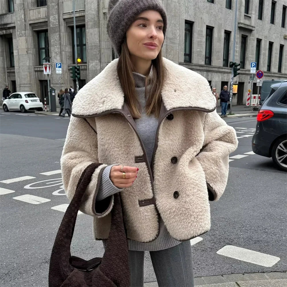 Zach Ailsa Women's Big Collar Fur Integrated Plush Coat Autumn/Winter New Solid Color Long Sleeve Warm Jacket