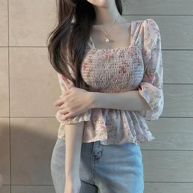 Chiffon Shirt for Women New Floral Flared Sleeves Wrapped in Chest and Waist to Make Them Look Slim Top for Women