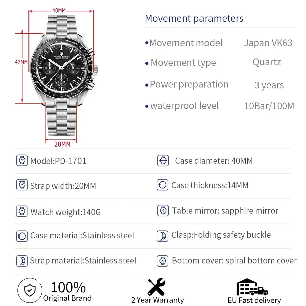 2025 New PAGANI DESIGN Moon V6 Men's Watches Luxury Quartz Watch For Man Chronograph VK63 Men Gift AR Sapphire Mirror Luminous