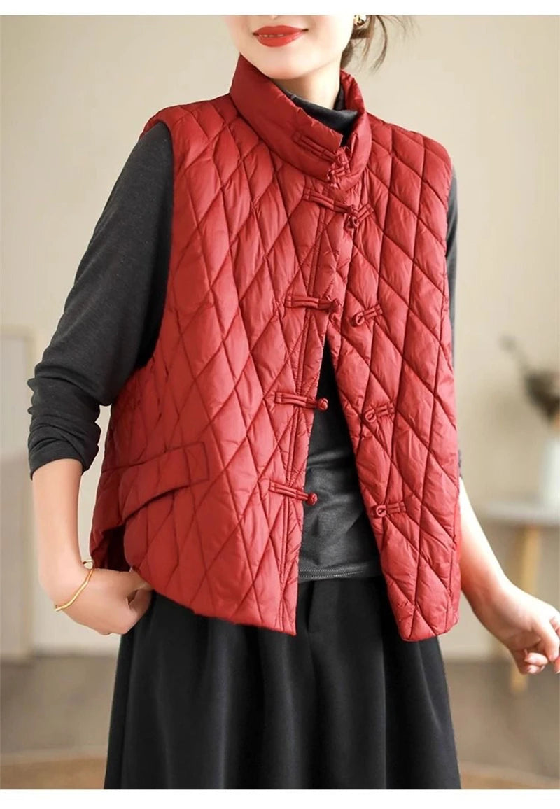 2024 New Autumn Winter Parkas Women Puffer Vest Loose Cropped Stand Collar Sleeveless Vest Jackets Down Cotton Padded Waistcoat