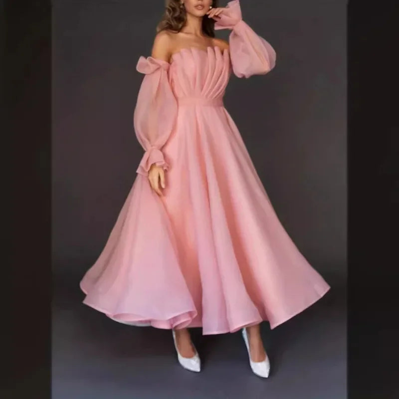Sexy Fashion Long Sleeve Off Shoulder High Waist Corset Folds Evening Graduation Dress Robe Prom Elegant Women Long Party Dress