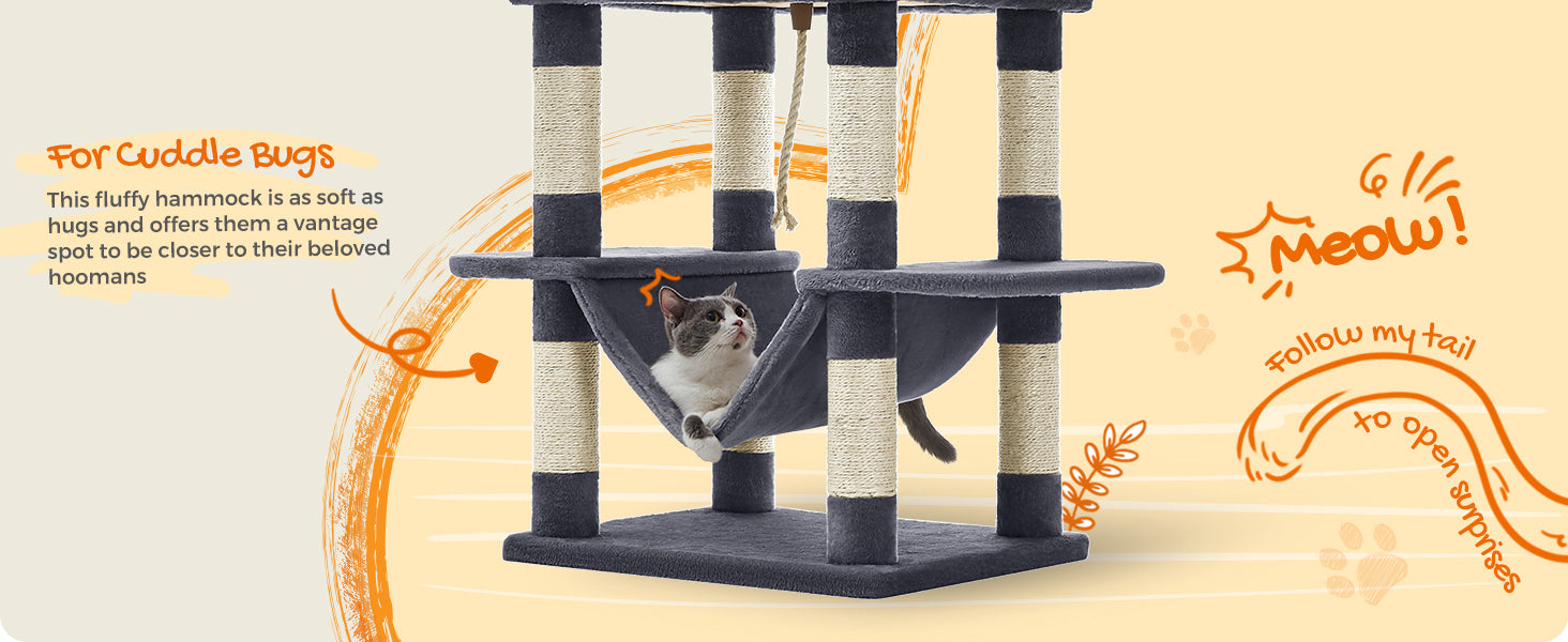 Feandrea Cat Tree, Height 206 cm, with 13 Scratching Posts, 2 Platform, 2 Kennels, Basket, Hammock, Pompom