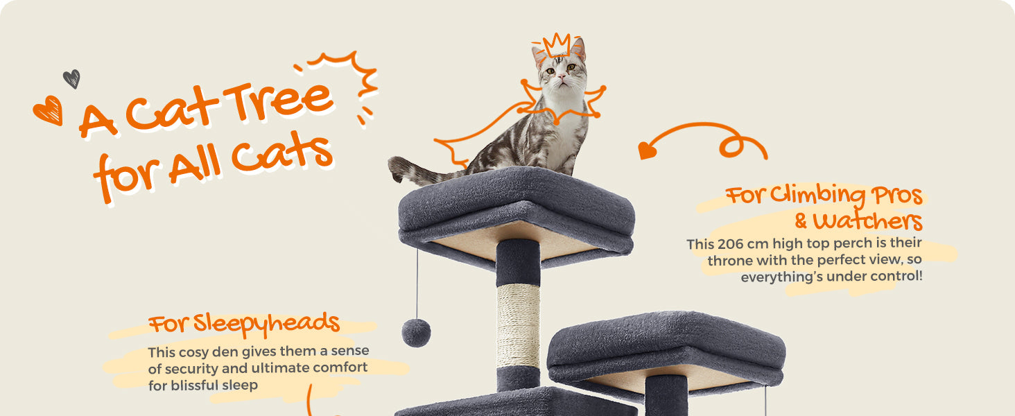 Feandrea Cat Tree, Height 206 cm, with 13 Scratching Posts, 2 Platform, 2 Kennels, Basket, Hammock, Pompom